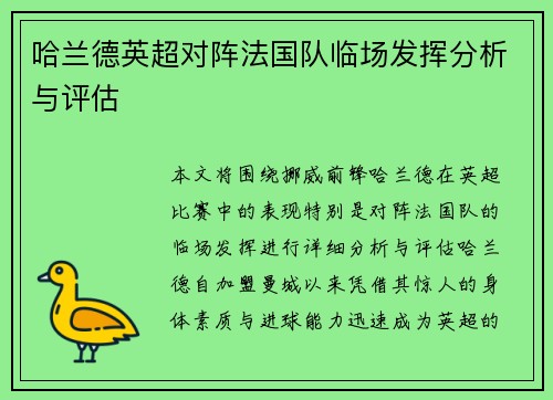 哈兰德英超对阵法国队临场发挥分析与评估 哈兰德英超对阵法国队临场发挥分析与评估