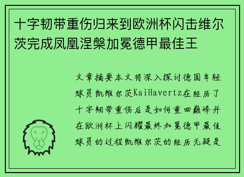 十字韧带重伤归来到欧洲杯闪击维尔茨完成凤凰涅槃加冕德甲最佳王 十字韧带重伤归来到欧洲杯闪击维尔茨完成凤凰涅槃加冕德甲最佳王