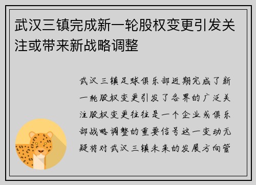 武汉三镇完成新一轮股权变更引发关注或带来新战略调整