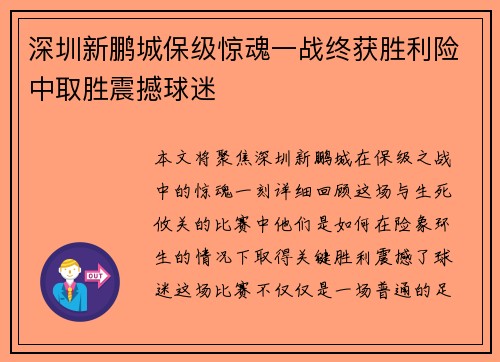 深圳新鹏城保级惊魂一战终获胜利险中取胜震撼球迷